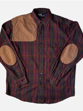 VTG 90s Polo Ralph Lauren Plaid Hunting Shooter Shirt M Shoulder Elbow Patches